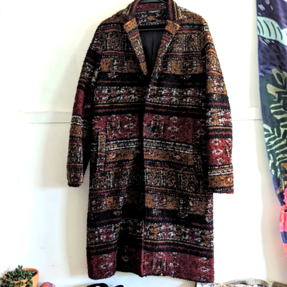 Aztec Stripe Italian Wool Boucle Longline Pea Coat - Zara Man Burgundy Gold
